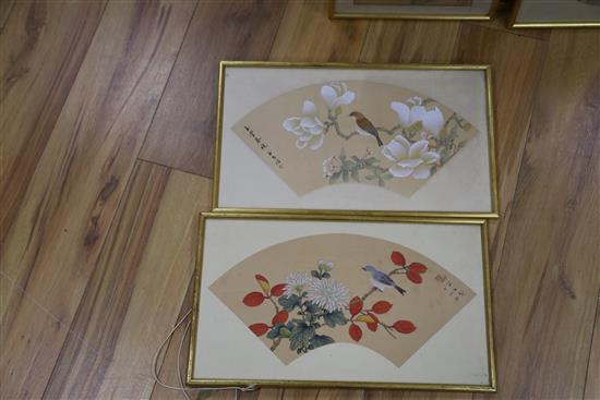 Seven Chinese watercolours on silk, of birds, flowers and a figure, 20th century, largest 31 x 36cm